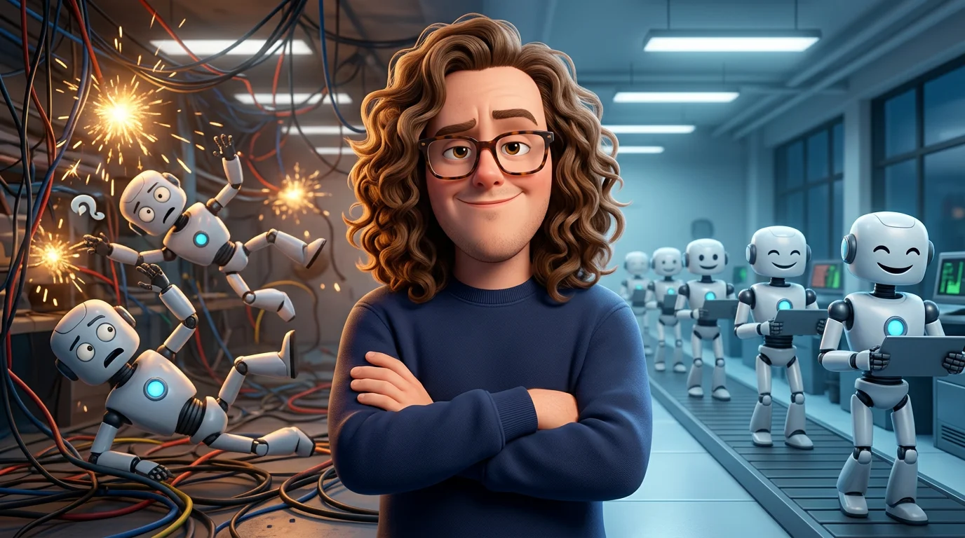 Personaje 3D estilo DreamWorks organizando agentes de IA en un puente entre el caos y el orden