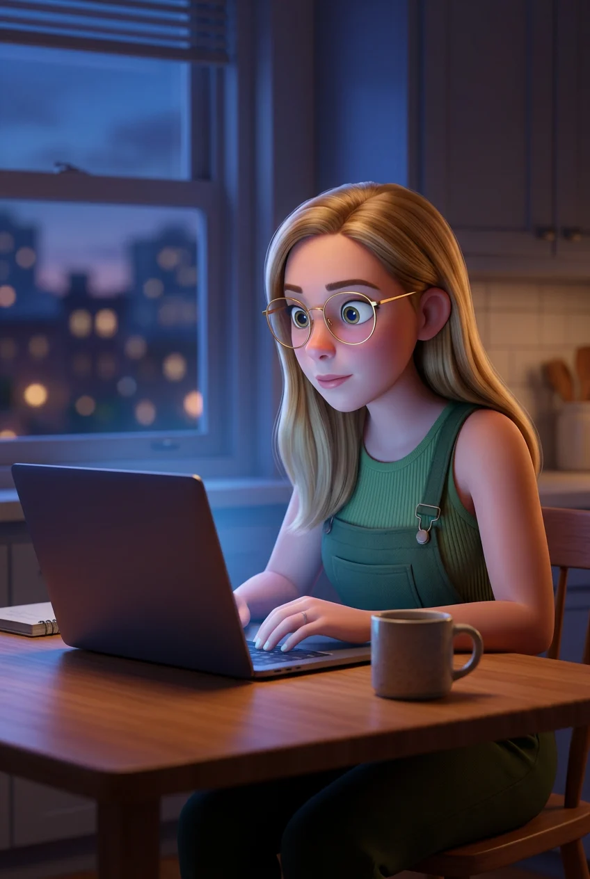 Elena abre la laptop al amanecer