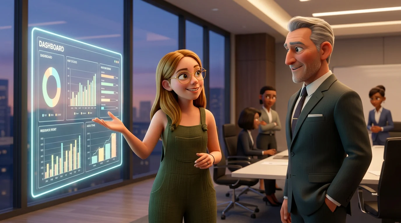 Elena presenta resultados a su cliente