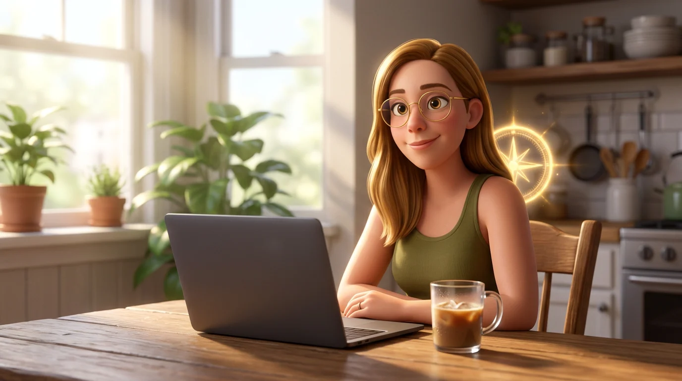 Elena, resuelta, con café frío y laptop cerrada