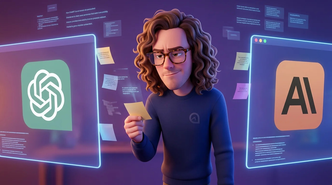 Bobe entre dos pantallas de ChatGPT y Claude con notas flotando