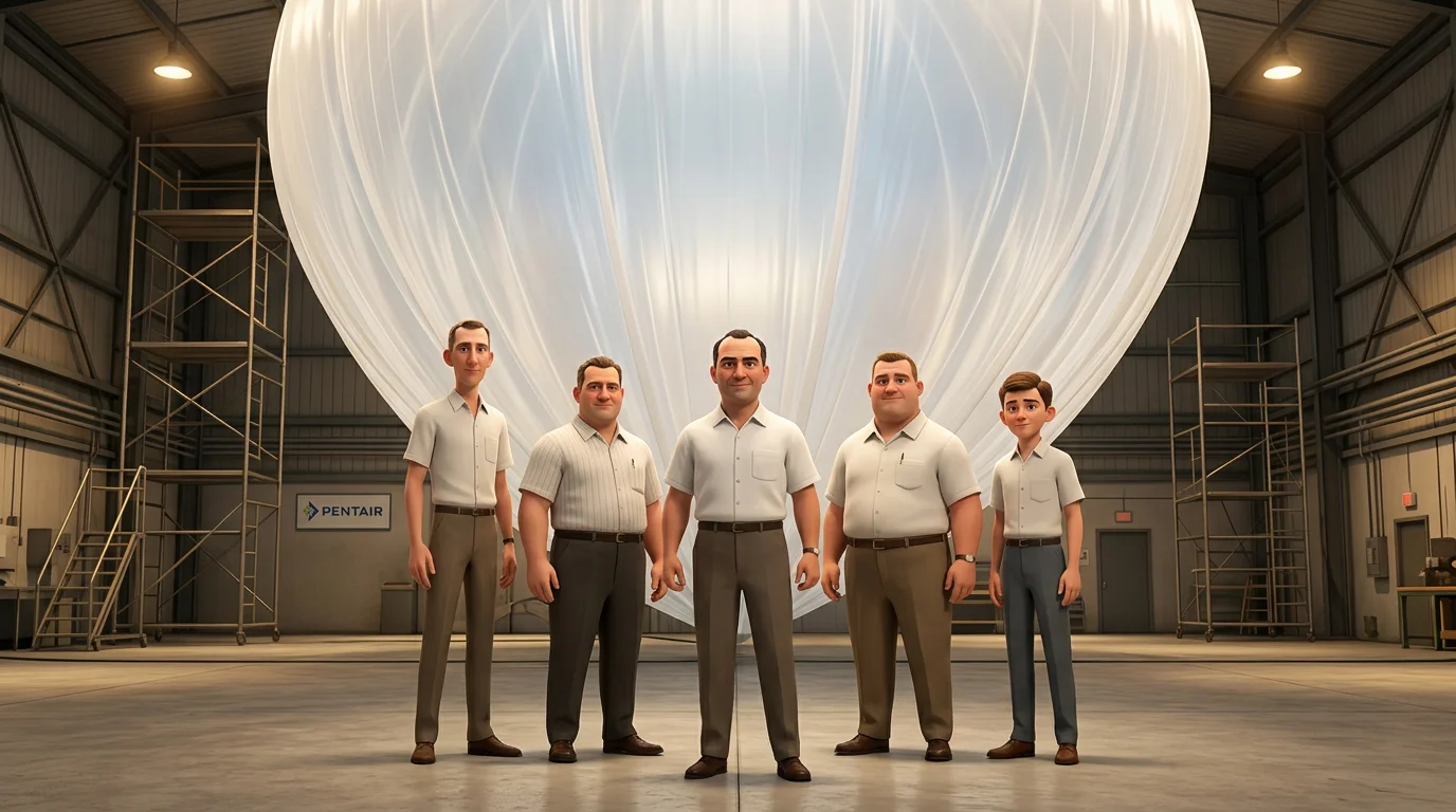 Cinco ingenieros estilo DreamWorks frente a un globo de alta altitud en un hangar industrial de los 1960s