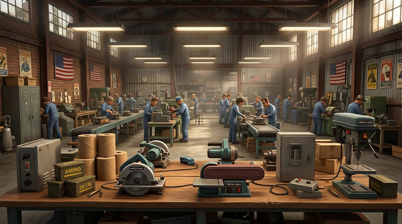 Taller industrial de los 1980s con herramientas, rollos de papel y cajas de municiones