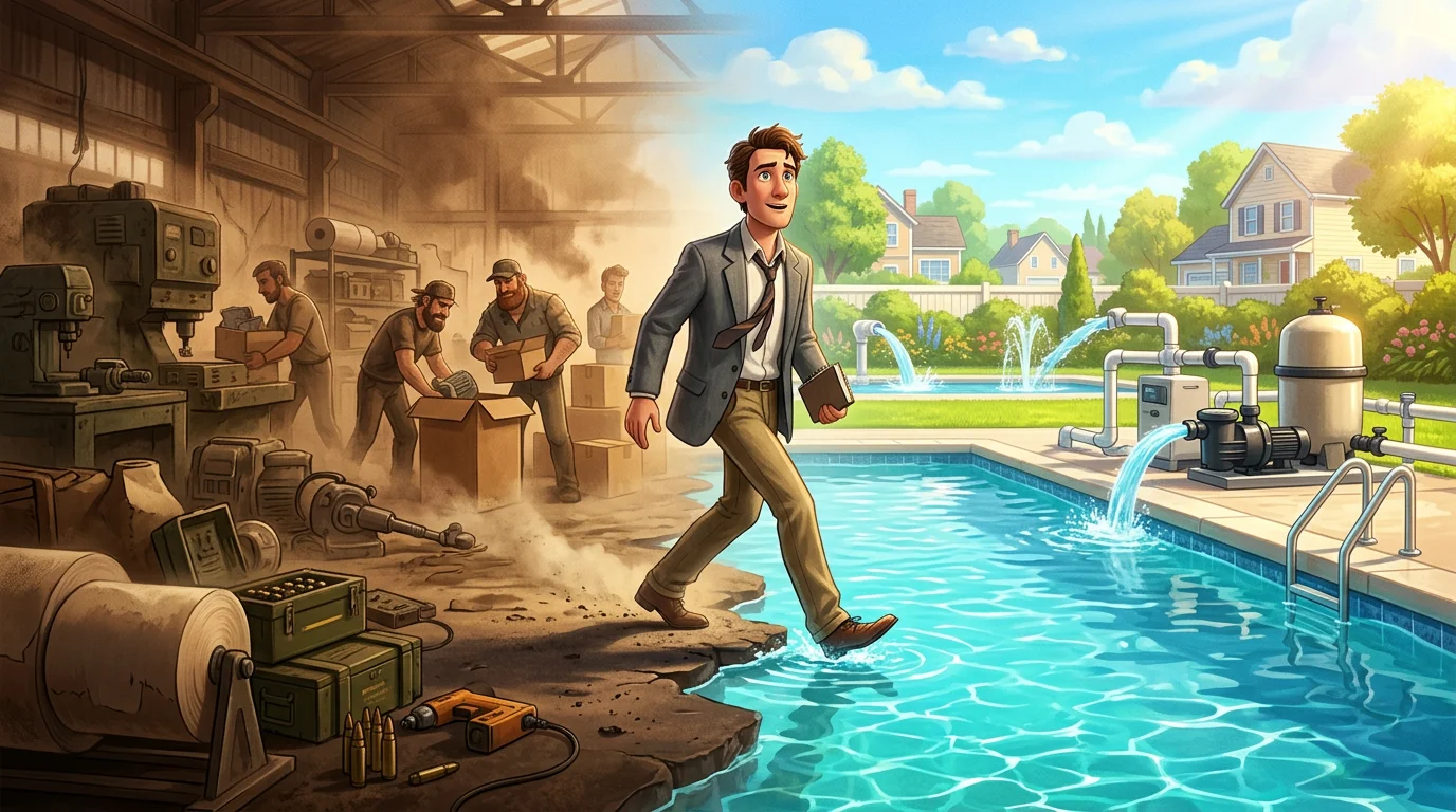 Transición visual del marrón industrial al azul del agua, un ejecutivo en el umbral entre dos mundos