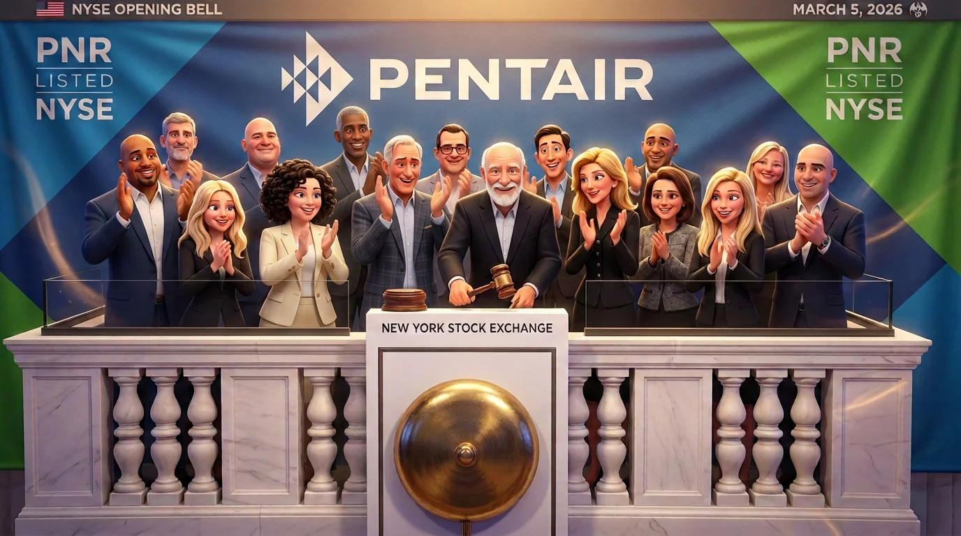 Ejecutivos de Pentair estilo DreamWorks tocando la campana del NYSE, banner PNR, celebración