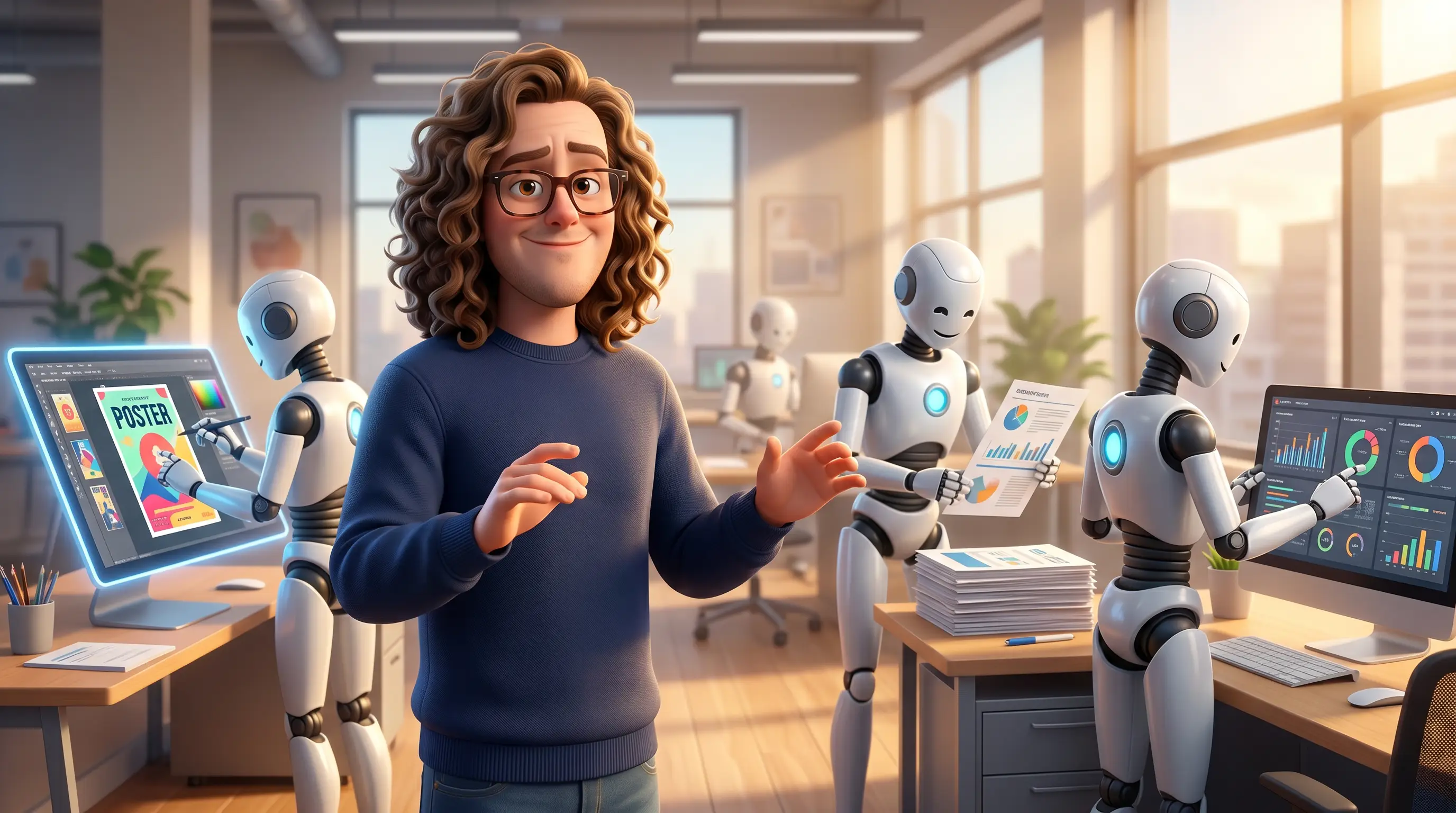 Bobe en estilo DreamWorks dirigiendo a un equipo de agentes de IA que trabajan en paralelo en una oficina luminosa